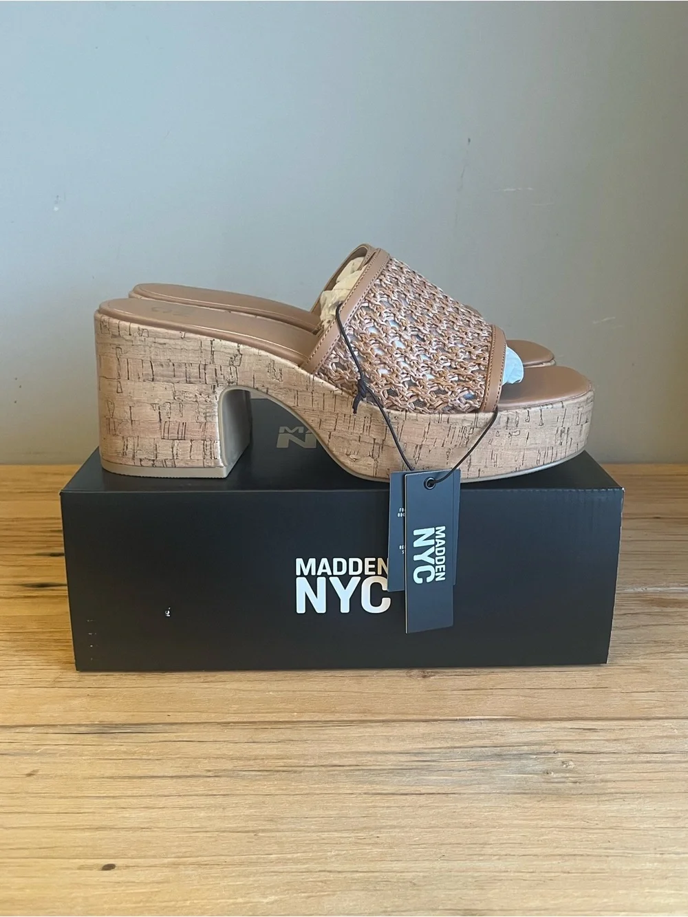 Madden NYC Tan Woven Platform Cork Slide Sandals-NIB